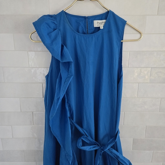 Psophia Cobalt Blue Ruffle Midi Dress Sleeveless Belted Size Small 100% Cotton - Picture 4 of 9